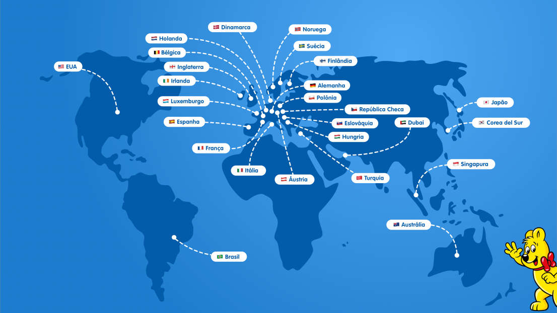 Mapa ilustrado com todas as filiais HARIBO em todo o mundo