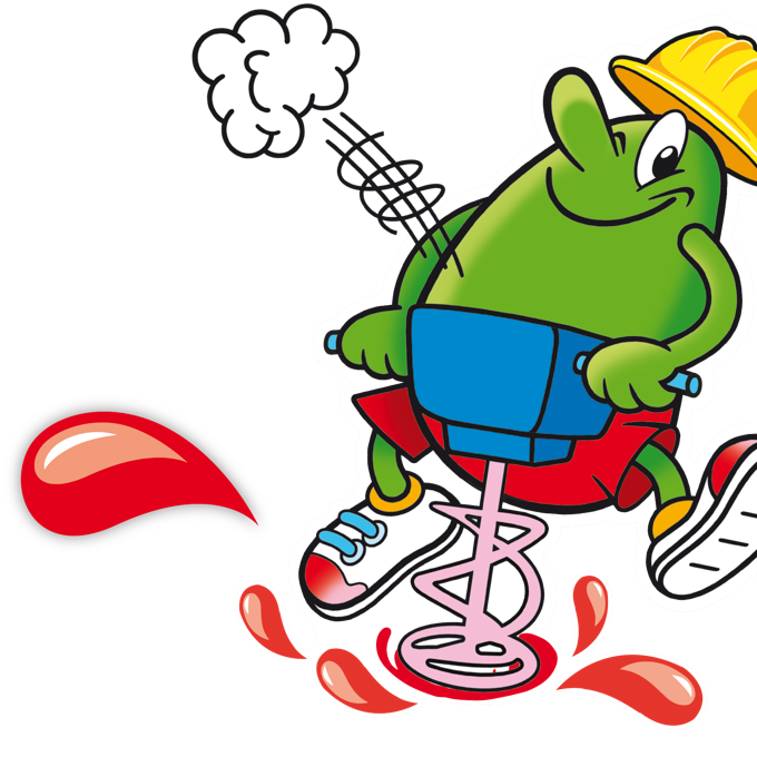 Illustration der MaoMix Beutel: Maoam Maskottchen mit Presslufthammer und Baustellen Mütze