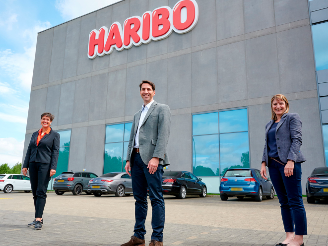 Representatives of Leeds Community Foundation and HARIBO in front of HARIBO building