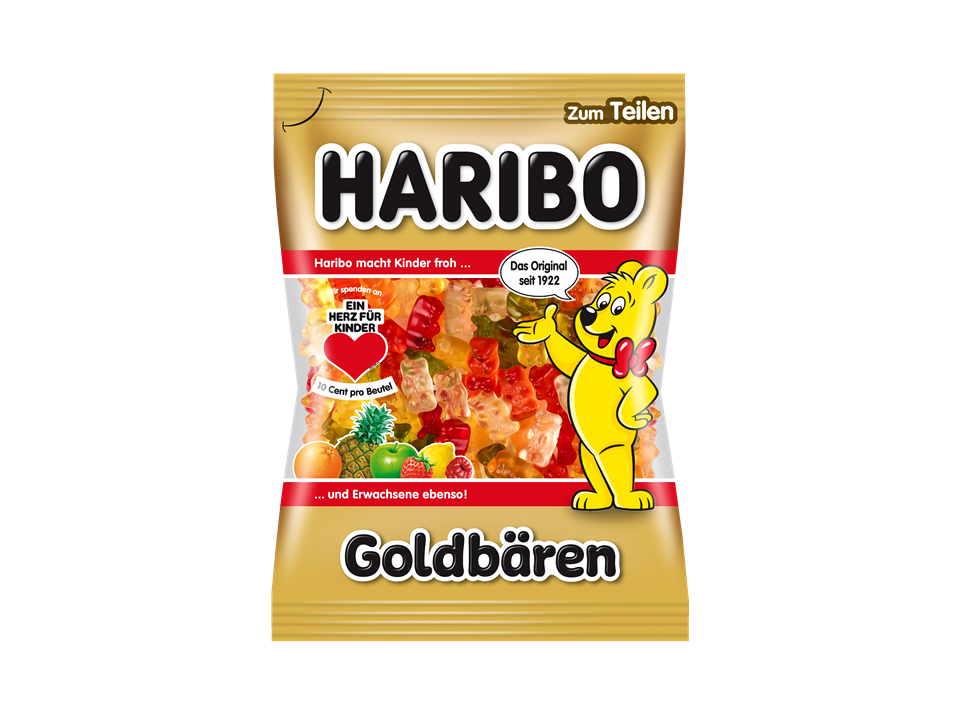 HARIBO Goldbären 200 Gramm Beutel mit Ein Herz für Kinder Aktion Sticker.