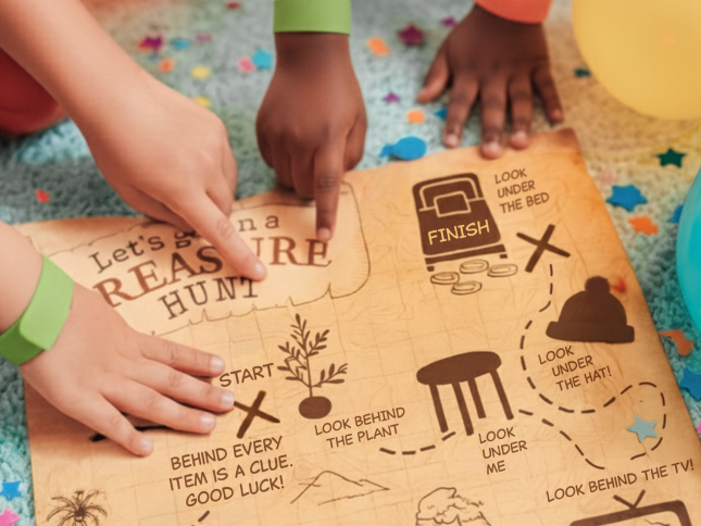 Kid's hands pointing at a treasure hunt map lying on a colorfully decorated floor with confetti and stars. The text '8 to 10 years' is displayed in large yellow letters on a blue background, suggesting birthday party games for 8 year olds, birthday party games for 9 year olds, and birthday party games for 10 year olds. This creative kids birthday party game idea is perfect for an indoor celebration, encouraging teamwork and collaboration — a great addition to any list of kids birthday party games indoor.