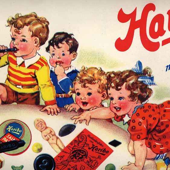 Historic HARIBO advert, a drawing of kids enjoying fruit gums and liquorice specialties.