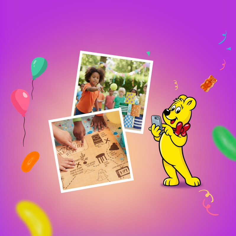 An inviting website header for HARIBO's guide to the best kids birthday party games for indoors and outdoors. The colorful background features balloons and confetti, along with two Polaroid-style photos — one showing kid's hands exploring a treasure hunt map and the other showing kids playing an outdoor birthday party game of can toss. The HARIBO Goldbear stands beside the photos, perfect for anyone looking for fun kids party games ideas for their next celebration.