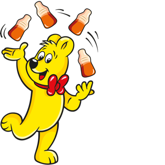 Illustration du sachet Happy Cola : ours HARIBO jonglant avec des bouteilles de cola
