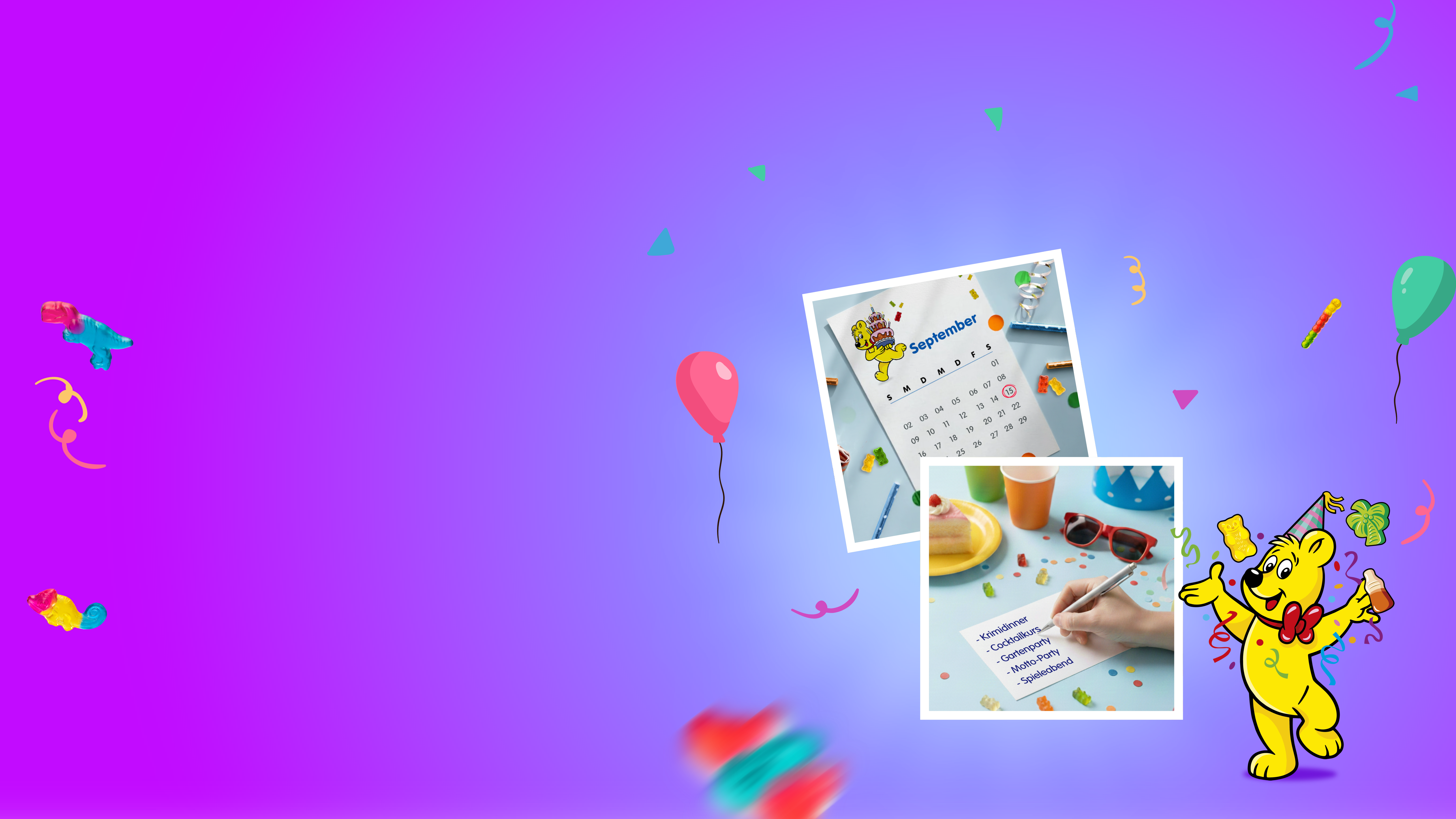 Ein farbenfroher Webseite-Einstieg mit dem Titel "Geburtstagsparty planen: Ideen & Checkliste für einen unvergesslichen Tag". Im Vordergrund ist der ikonische Goldbär von HARIBO zu sehen, umgeben von bunten Luftballons. In der oberen rechten Ecke sind zwei Polaroid-Fotos abgebildet, die bunte Naschereien in Gläsern und Dekoration zeigen.