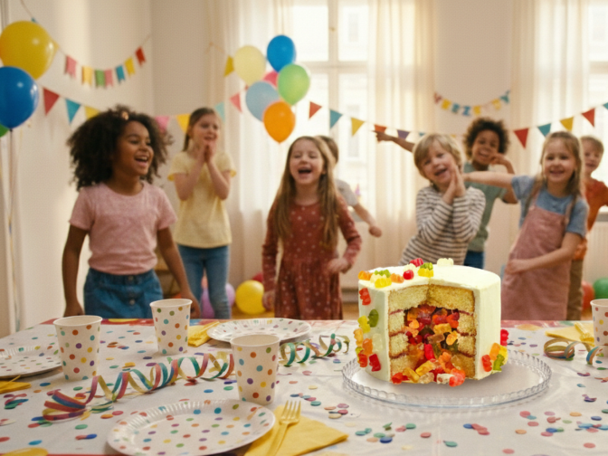 A group of kids aged 6 to 7 dancing joyfully in a bright, decorated room during a birthday celebration. The text '6 to 7 years' is displayed in large yellow letters on a blue background, highlighting indoor party games for 6 year olds and birthday party games for 7 year olds. In the foreground, a beautifully set birthday table with a gummy bear cake, colorful streamers, balloons, and party supplies invites kids to celebrate — perfect inspiration for fun kids birthday party games indoor.