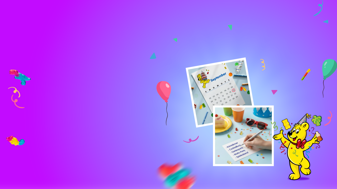 Ein farbenfroher Webseite-Einstieg mit dem Titel "Geburtstagsparty planen: Ideen & Checkliste für einen unvergesslichen Tag". Im Vordergrund ist der ikonische Goldbär von HARIBO zu sehen, umgeben von bunten Luftballons. In der oberen rechten Ecke sind zwei Polaroid-Fotos abgebildet, die bunte Naschereien in Gläsern und Dekoration zeigen.