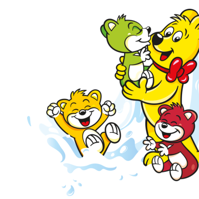 Illustration der Haribo Milchbären Beutel: HARIBO Bär mit bunten Milchbären und spritzender Milch