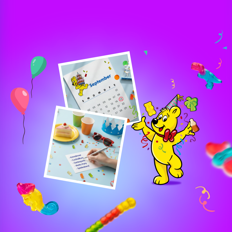 Ein farbenfroher Webseite-Einstieg mit dem Titel "Geburtstagsparty planen: Ideen & Checkliste für einen unvergesslichen Tag". Im Vordergrund ist der ikonische Goldbär von HARIBO zu sehen, umgeben von bunten Luftballons. In der oberen rechten Ecke sind zwei Polaroid-Fotos abgebildet, die bunte Naschereien in Gläsern und Dekoration zeigen.