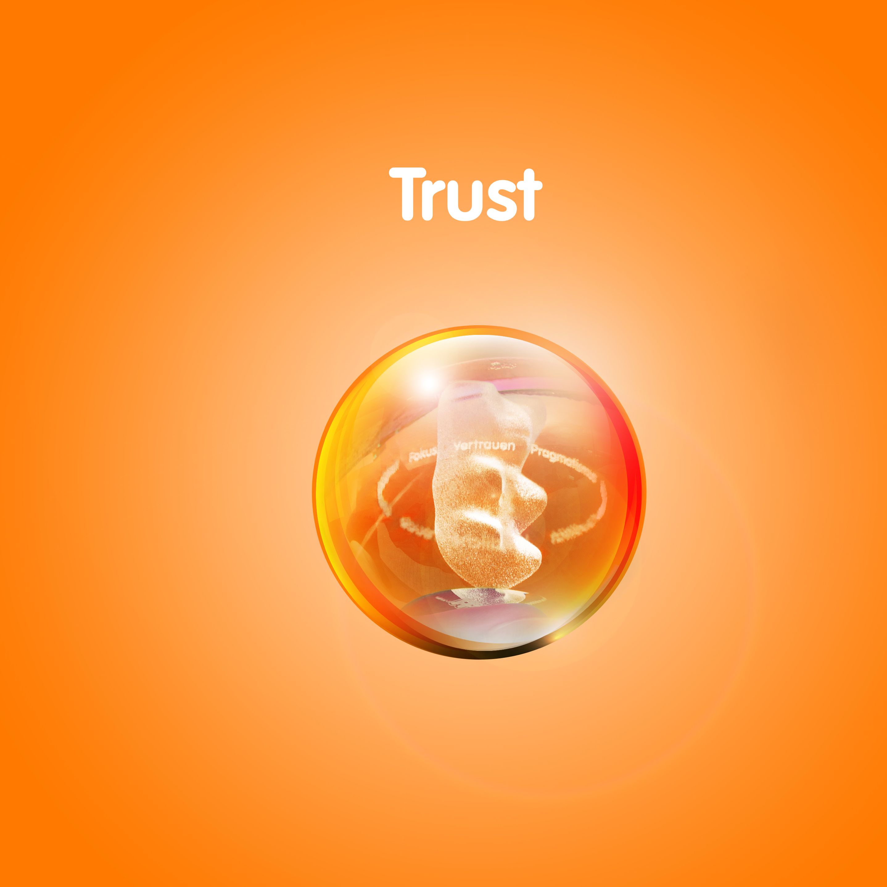 رسم محتو على دب ذهبي في كرة شفافة أمام خلفية برتقالية مع النص: "الثقة"