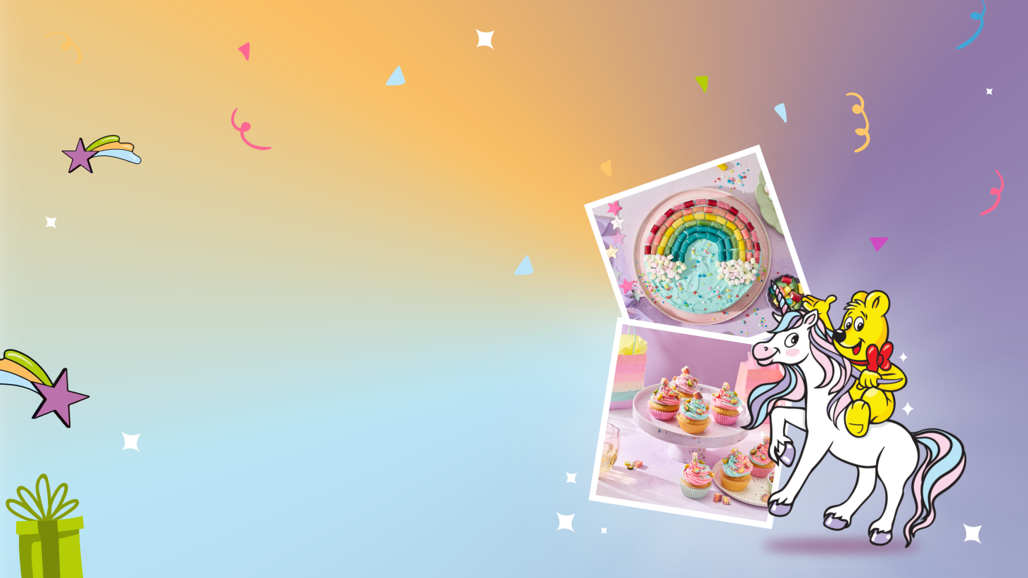 Einhorn Party mit HARIBO: Bunter Verlaufshintergrund in Pastelltönen mit Konfetti, Sternschnuppen und einem Geschenk. Zwei Polaroid-Fotos sind zu sehen – ein Regenbogenkuchen mit türkisem Frosting und bunte Cupcakes auf einer Etagere. Daneben der HARIBO Goldbär, der auf einem Einhorn reitet.