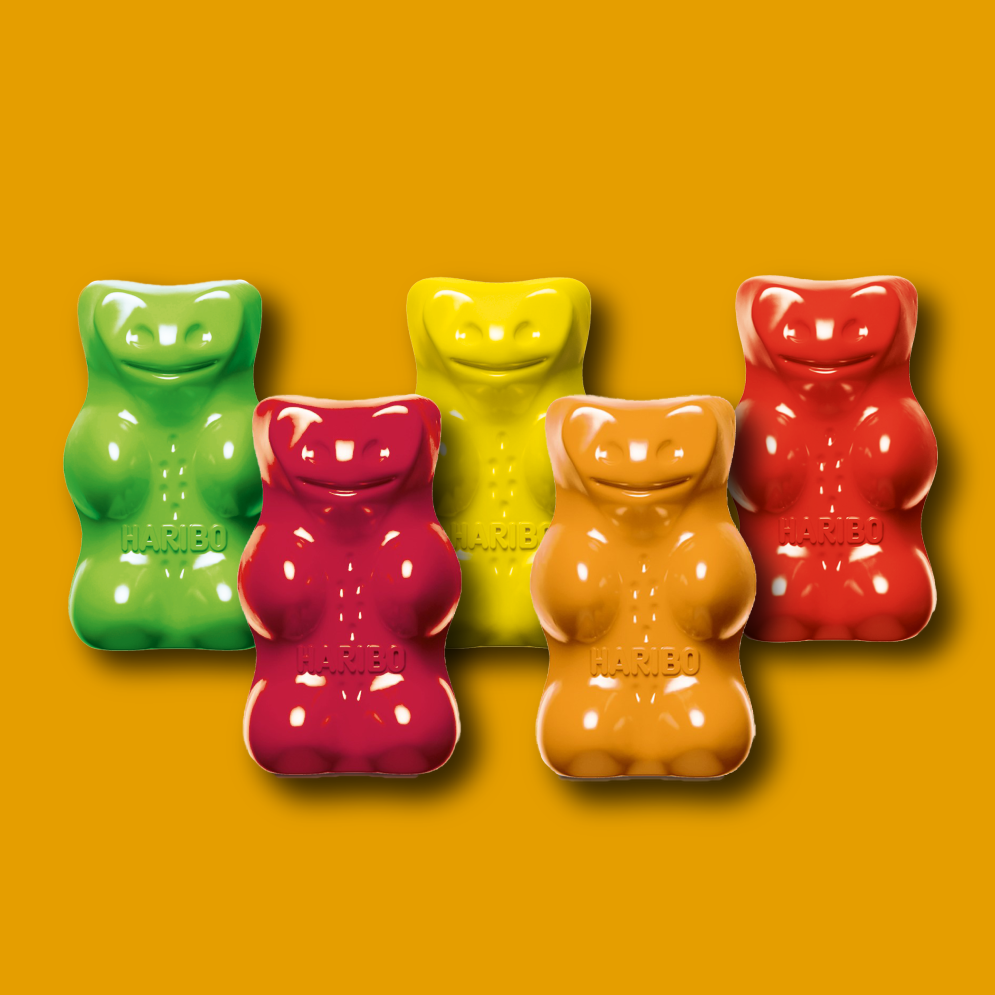 Five HARIBO goldbears in different colors