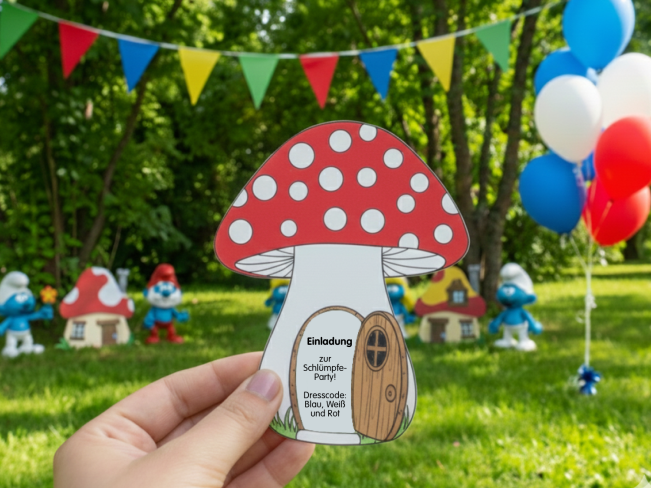 Einladungskarte für einen Schlümpfe Geburtstag in Form eines fantasievollen Pilzhauses. In der geöffneten Tür steht „Einladung zur Schlumpf-Party! Dresscode: Blau, Weiß und Rot!“ Im Hintergrund ist eine Wiese mit Schlumpf-Dekoration zu sehen.