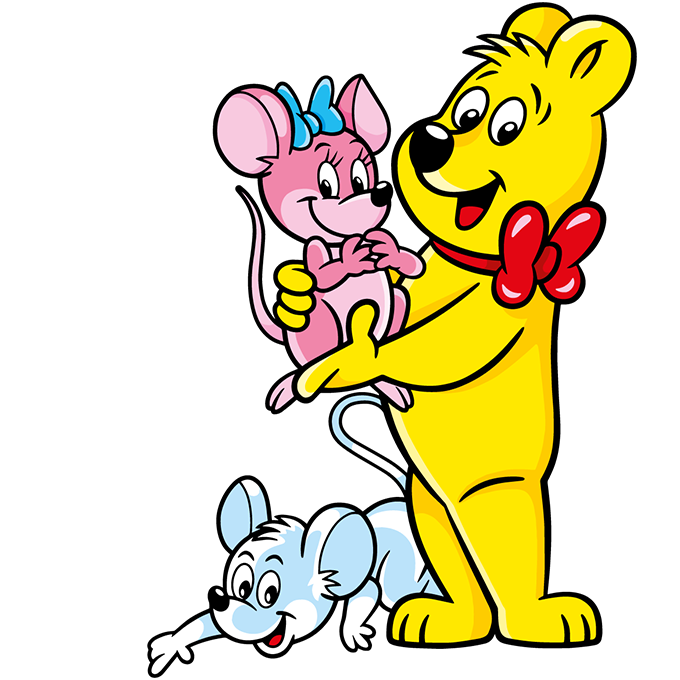 Illustration der Süße Mäuse Beutel: HARIBO Bär mit weißer und rosaner Maus