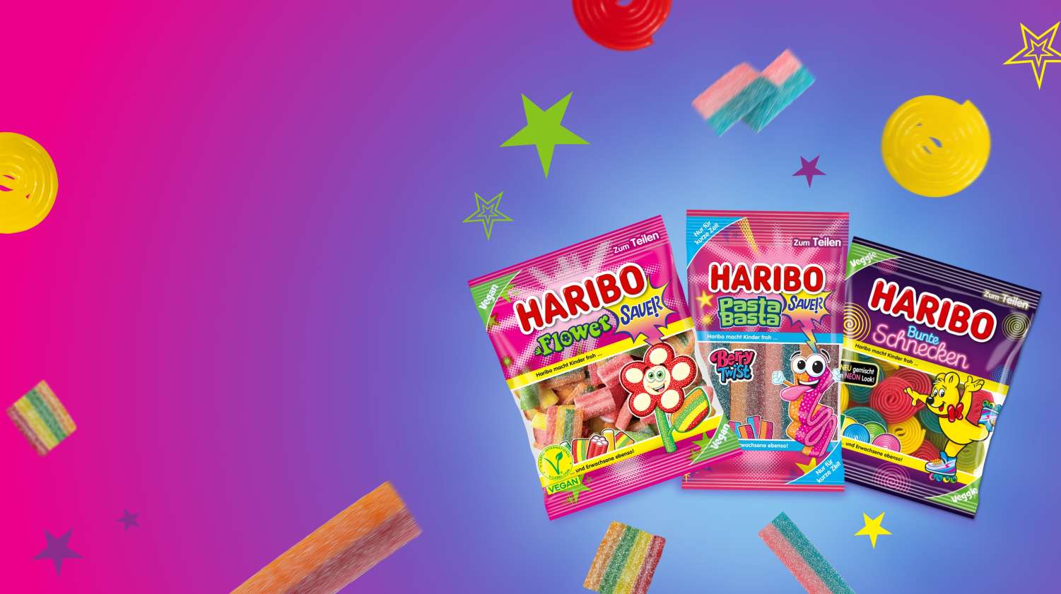 Wie spritzig sind die denn? HARIBO FlowerZ Sauer!, HARIBO Pasta Basta Sauer!, HARIBO Bunte Schnecken. Zu den Neuheiten.