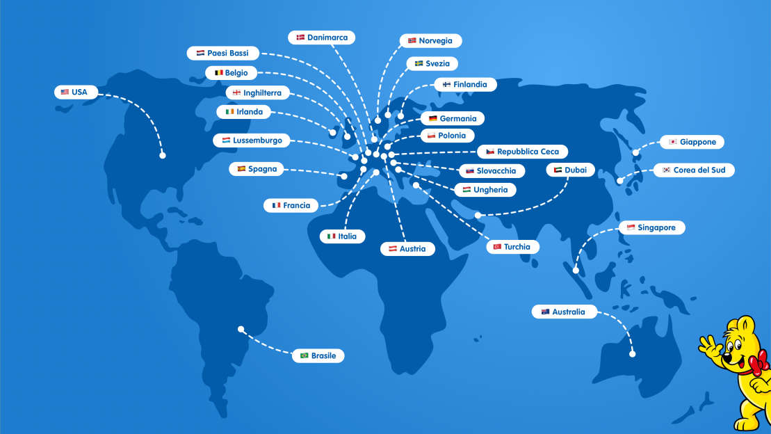 Mappa illustrata con tutti i rami HARIBO nel mondo