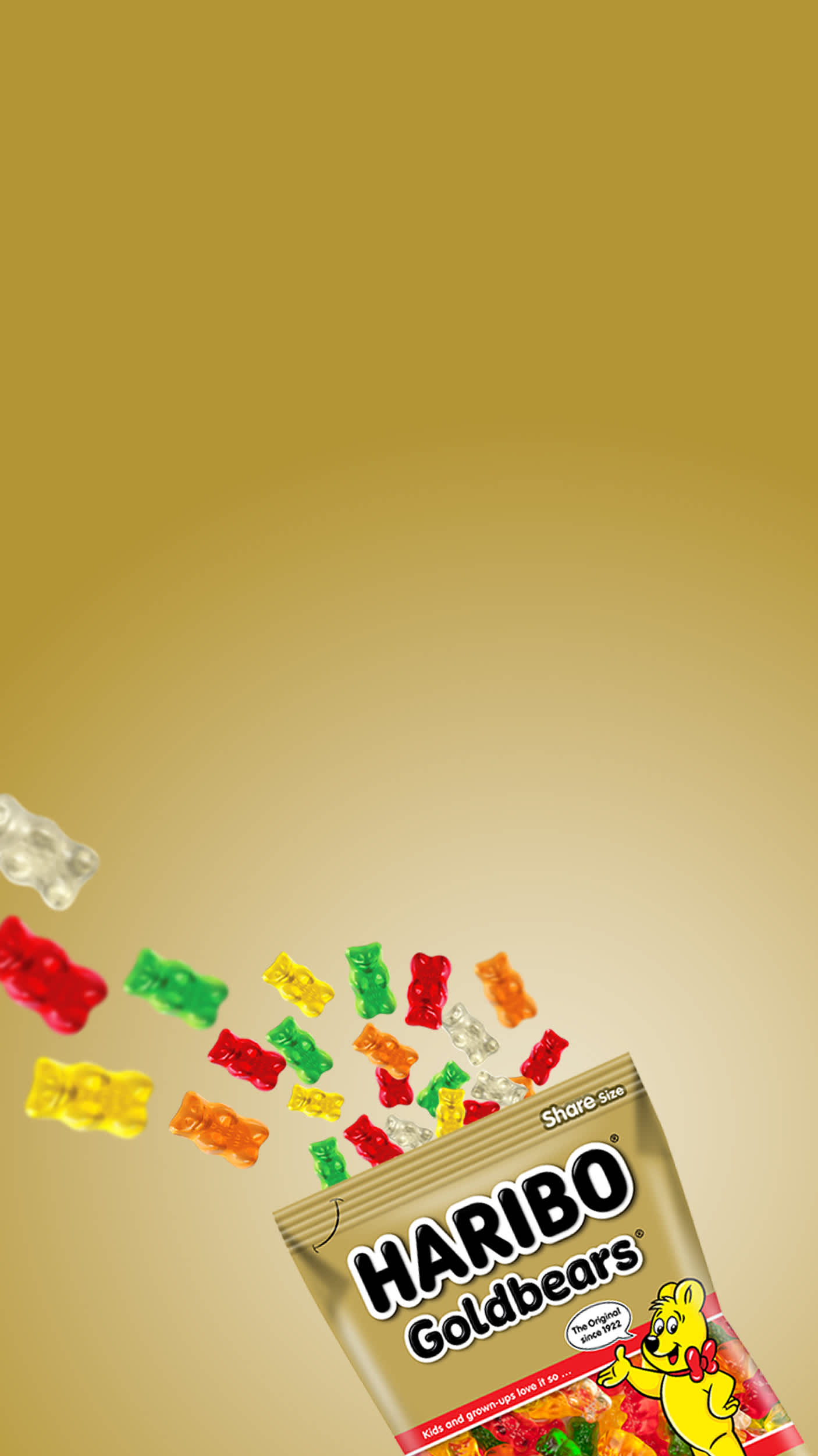 Bag of HARIBO Goldbears and fruit gums on golden background