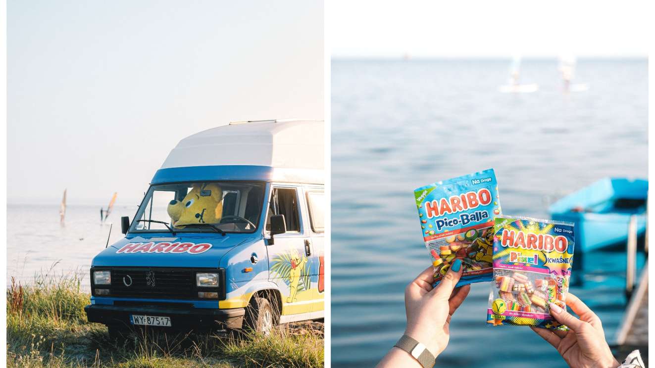 Dwa zdjęcia: HARIBO bus na brzegu morza i dwie paczki HARIBO na tle wody