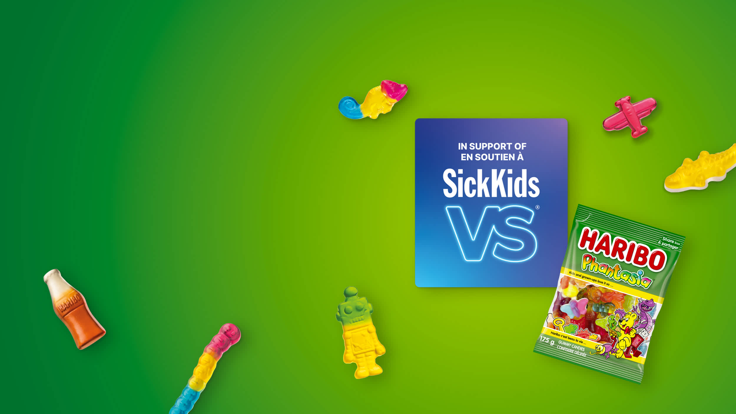 Green background with Phantasia packaging and SickKids logo and product pieces