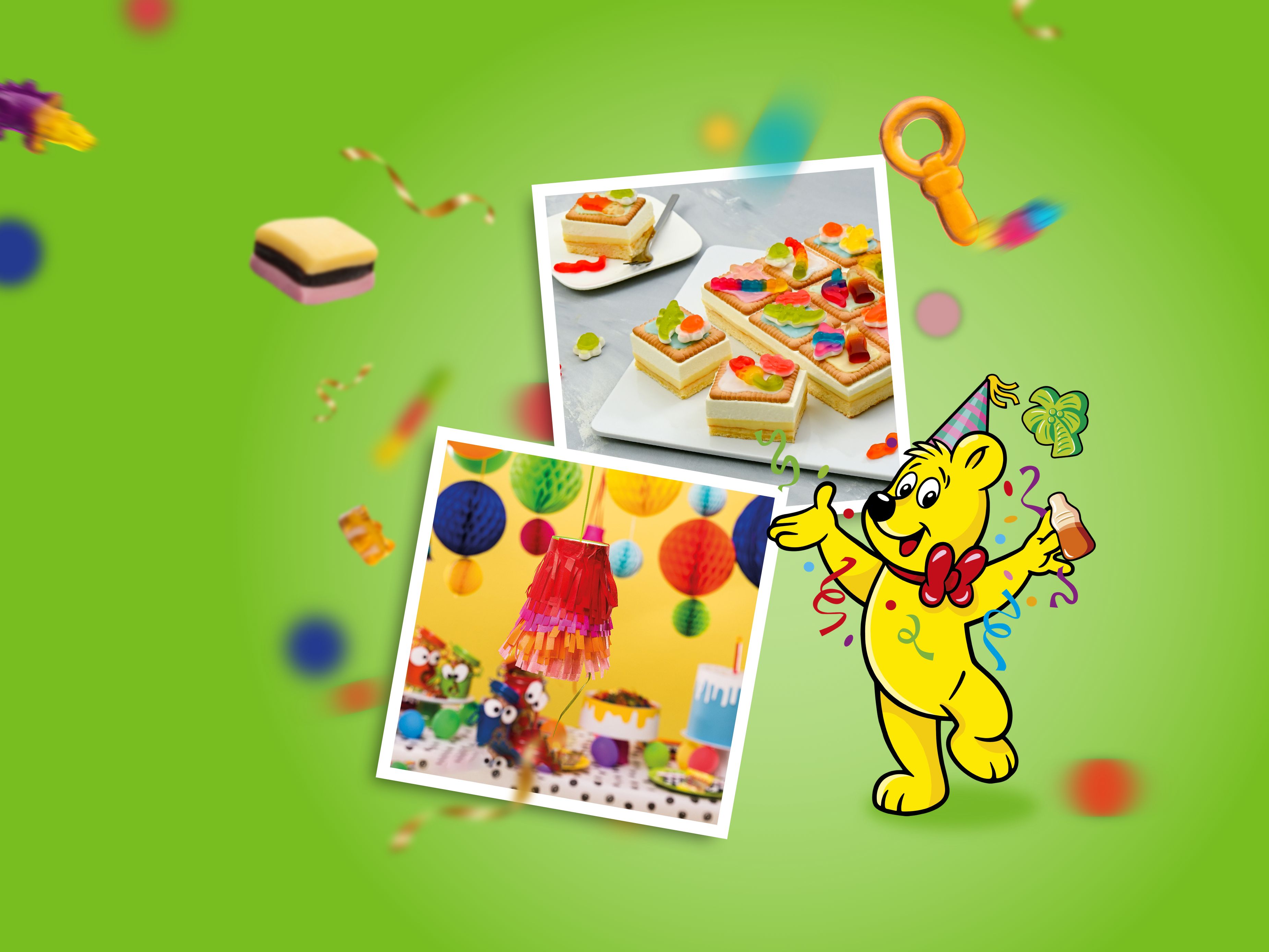Polaroidbilder mit Haribo Bastelideen für Kindergeburtstage auf grünem Hintergrund
