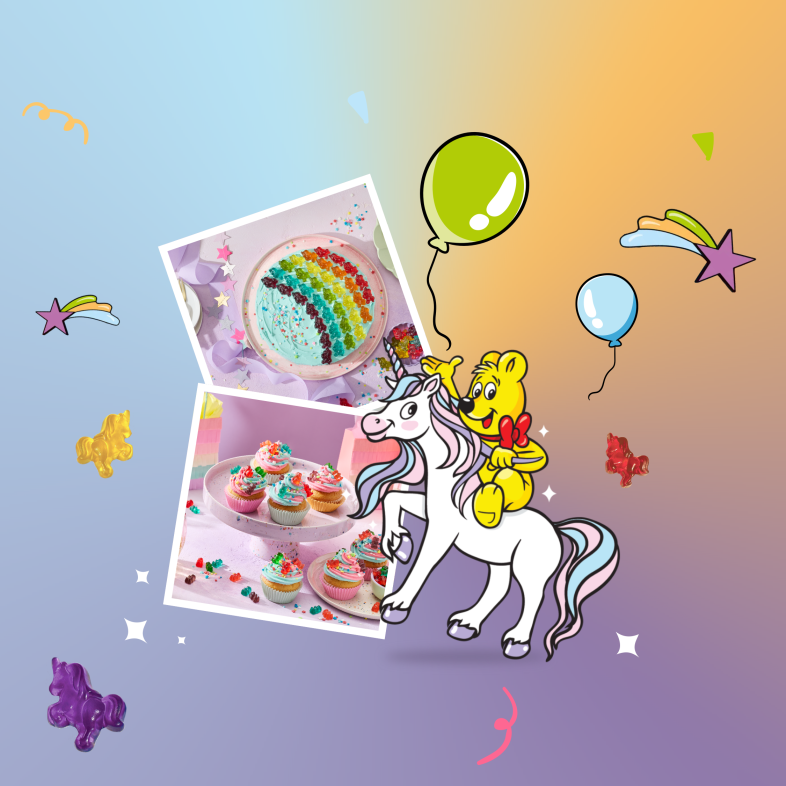 Unicorn party with HARIBO: Colourful pastel gradient background with confetti, shooting stars and balloons. There are two polaroid photos – a rainbow cake with Unicornlicious and colourful cupcakes on a plate. On the right, the HARIBO Goldbear riding a unicorn. Unicornlicious scattered around.