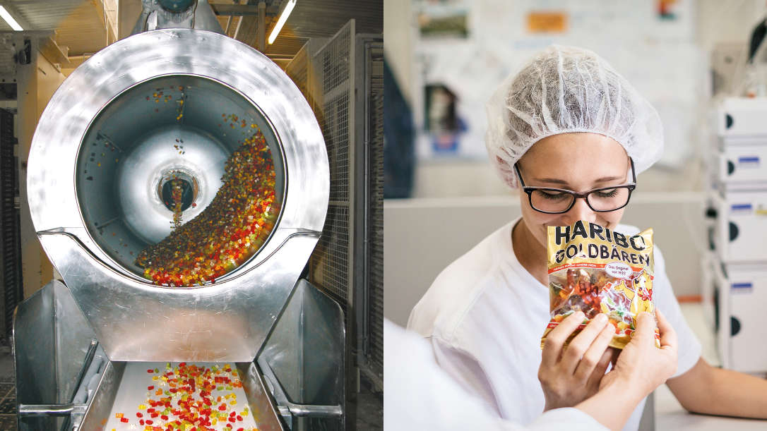 Polishing drum with fruit gummies; employee checking the quality of the fruit gummies bags.