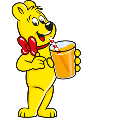 Illustration du sachet Saftbären HARIBO : un ours tient un verre de jus de fruits avec une paille