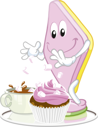 Illustration der Chamallows Minis: Chamallows Rombiss dekoriert Kakaogetränk und Cupcake mit Mini Chamallows