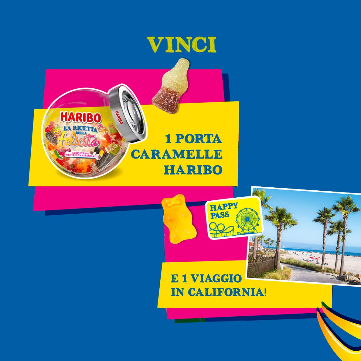 Vinci un porta caramelle haribo. Happy pass. E un viaggio in California. Caramelle, premio, cartolina, coca cola, orsetto, palme, spiaggia.