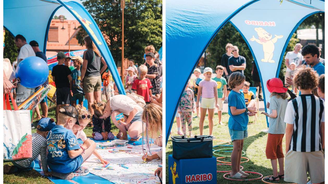 Dwa zdjęcia z atrakcji z poprzedniego Roadshow. Ludzie bawiący się na strefie HARIBO.