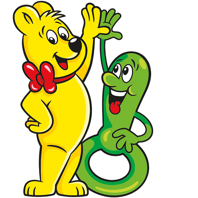 Illustration der Kinder Schnuller Beutel: HARIBO Bär und grüner Schnuller geben sich High Five