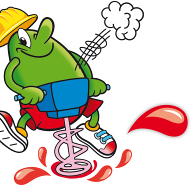 Illustration der MaoMix Beutel: Maoam Maskottchen mit Presslufthammer und Baustellen Mütze