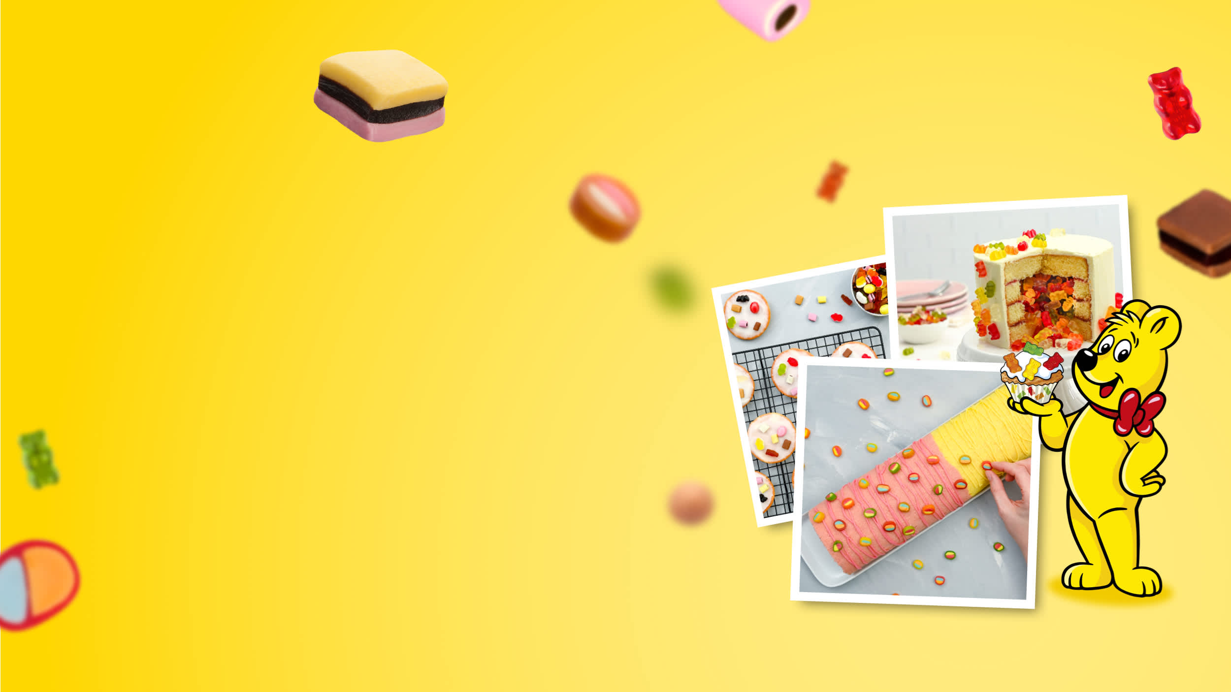 HARIBO Rezeptideen in Polaroids auf gelben Hintergrund mit Goldbären Illustration