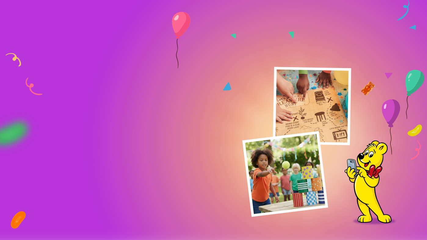 An inviting website header for HARIBO's guide to the best kids birthday party games for indoors and outdoors. The colorful background features balloons and confetti, along with two Polaroid-style photos — one showing kid's hands exploring a treasure hunt map and the other showing kids playing an outdoor birthday party game of can toss. The HARIBO Goldbear stands beside the photos, perfect for anyone looking for fun kids party games ideas for their next celebration.