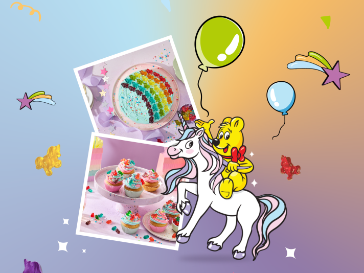 Unicorn party with HARIBO: Colourful pastel gradient background with confetti, shooting stars and balloons. There are two polaroid photos – a rainbow cake with Unicornlicious and colourful cupcakes on a plate. On the right, the HARIBO Goldbear riding a unicorn. Unicornlicious scattered around.