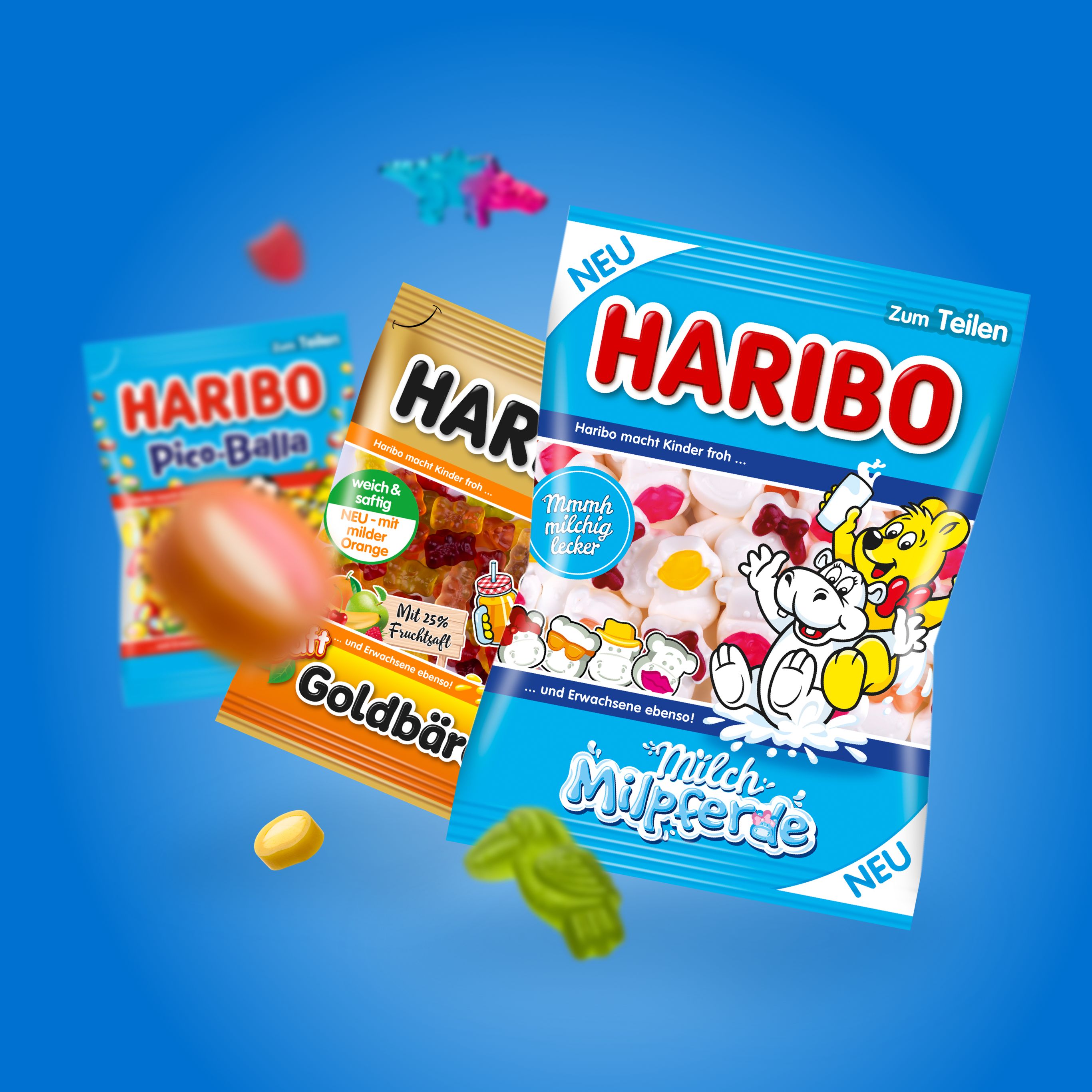 Drei verschiedene HARIBO Tüten und Produktsücke
