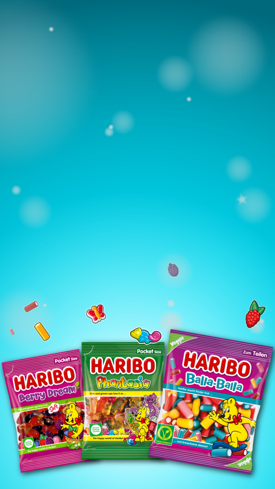 HARIBO Berry Dream, Phantasia, Balla- Balla termékek termékszemekkel kék háttéren