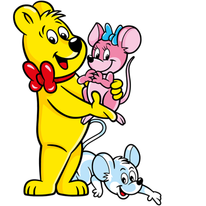 Illustration der Süße Mäuse Beutel: HARIBO Bär mit weißer und rosaner Maus