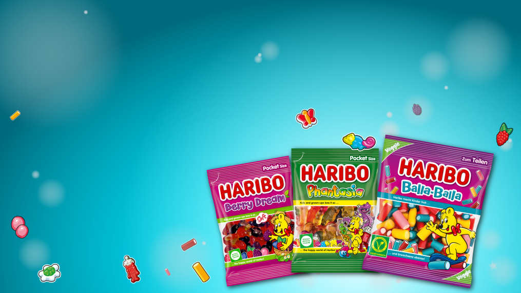 HARIBO Berry Dream, Phantasia, Balla- Balla termékek termékszemekkel kék háttéren