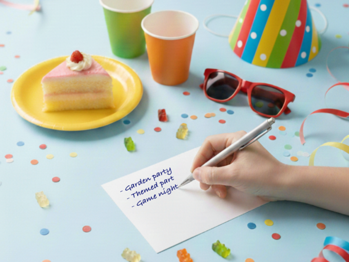 A hand writing down adult birthday party ideas on a white note — including garden party, themed party, and game night — on a light blue table decorated with confetti, gummy bears, and colorful party supplies. A slice of cake on a yellow plate, drinks in bright cups, and red sunglasses complete the cheerful scene. The text 'Collecting ideas' is displayed in large yellow letters on a blue background with the subtitle 'What is actually fun?', capturing the first creative step of how to plan a birthday party and brainstorming birthday party themes for adults.