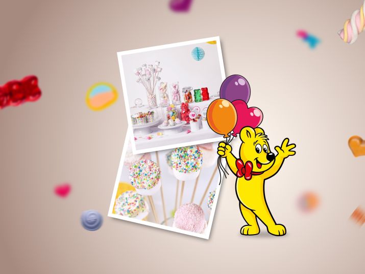 HARIBO Goldbär mit Ballons und Polaroids für Candy Bar Ideen auf pastellfarbenem Hintergrund