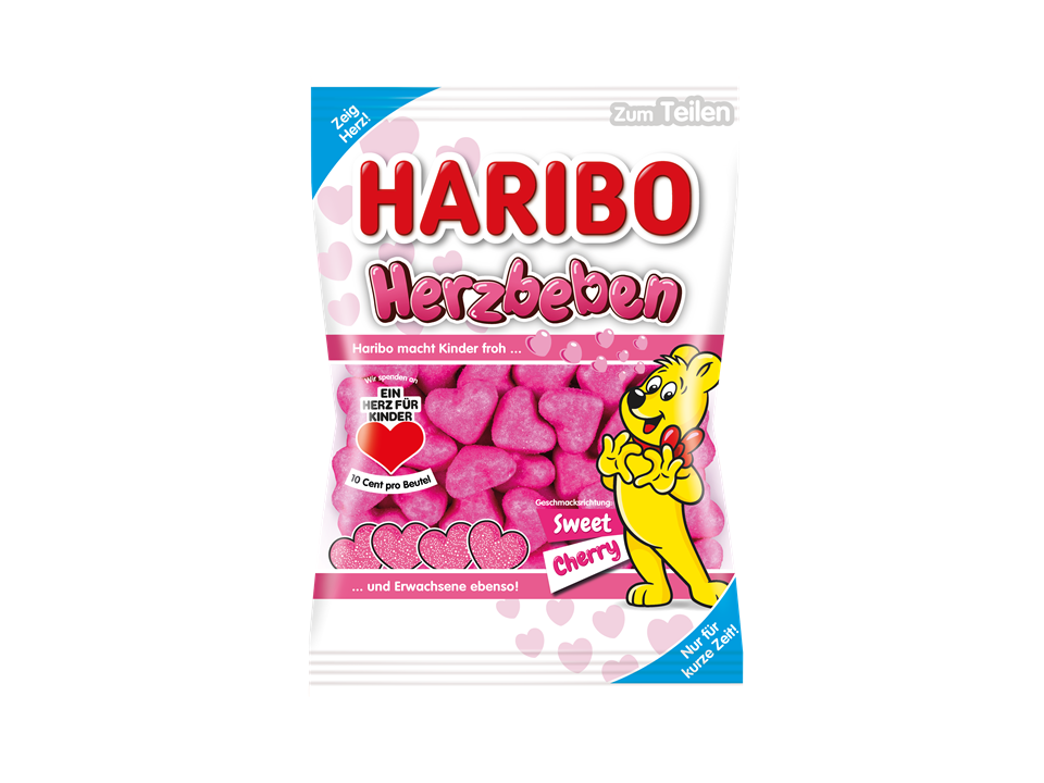 HARIBO Herzbeben Beutel mit Ein Herz für Kinder Aktion Sticker.