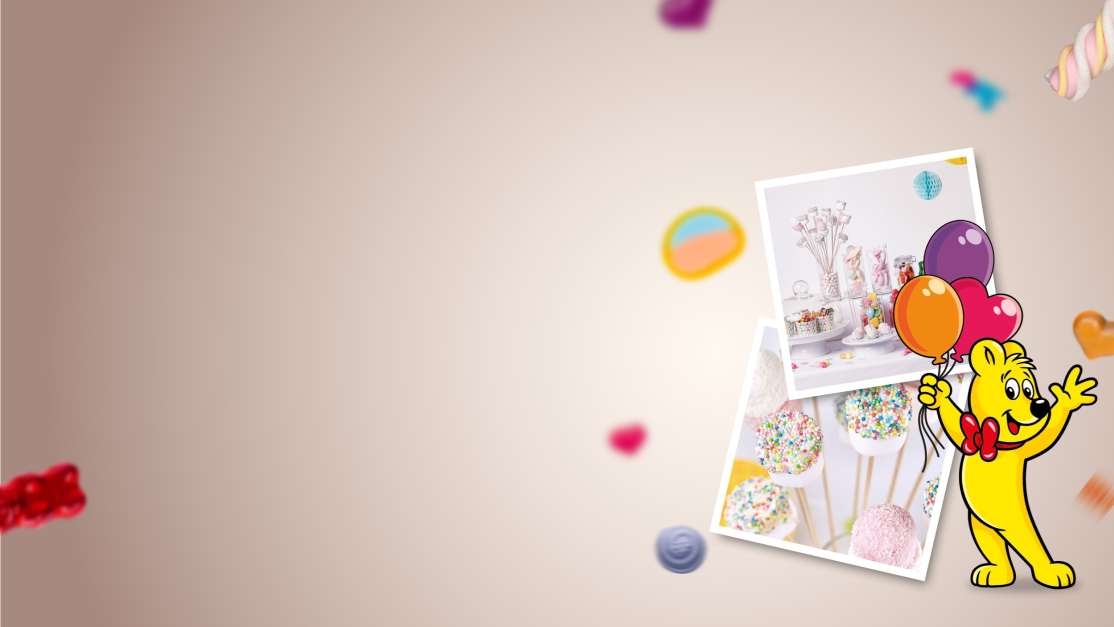 HARIBO Candy Bar Bastelideen in Polaroids auf pastellfarbenem Hintergrund und Goldbär Illustration