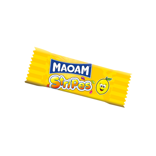 flaches, rechteckiges Stück Kaubonbon mit illustrierter Zitrone auf der gelben "MAOAM Stripes"-Verpackung