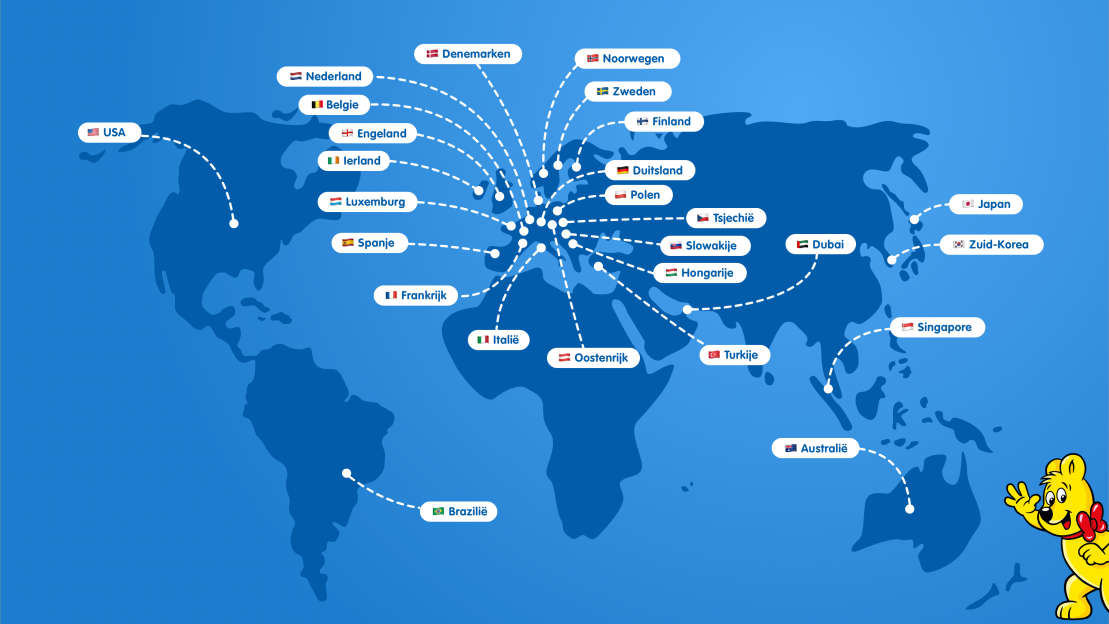 Geïllustreerde kaart met alle HARIBO-vestigingen over de hele wereld