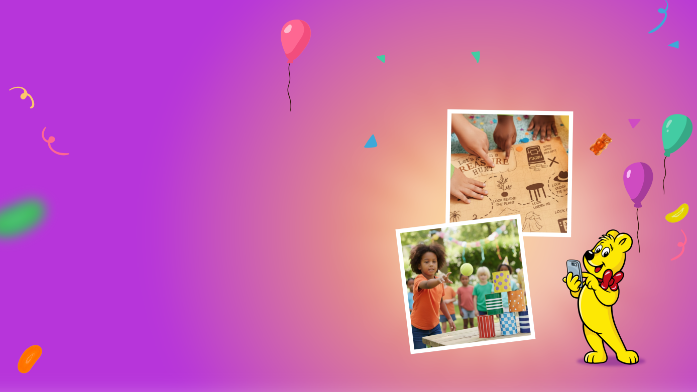 Ein ansprechender Webseite-Einstieg mit dem Titel "Die 12 schönsten Kindergeburtstags-Spiele für drinnen und draußen" von HARIBO. Im Hintergrund sind bunte Luftballons zu sehen, und es sind zwei Polaroid-Bilder zu sehen, eines zeigt Kinder beim Dosenwerfen und das andere eine spannende Schatzkarte. Das Bild richtet sich an alle, die eine Kindergeburtstagsparty planen und bietet hilfreiche Kinderspiel Geburtstag Ideen für Aktivitäten sowohl drinnen als auch draußen.