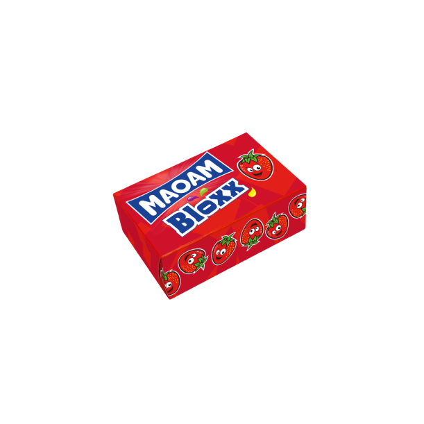 rote MAOAM Bloxx Packung mit illustrierten Erdbeeren