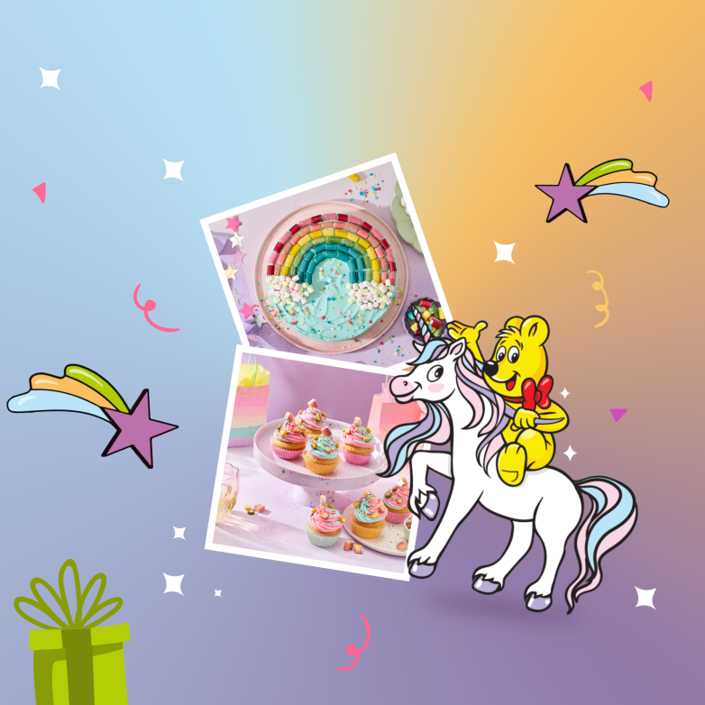 Einhorn Party mit HARIBO: Bunter Verlaufshintergrund in Pastelltönen mit Konfetti, Sternschnuppen und einem Geschenk. Zwei Polaroid-Fotos sind zu sehen – ein Regenbogenkuchen mit türkisem Frosting und bunte Cupcakes auf einer Etagere. Daneben der HARIBO Goldbär, der auf einem Einhorn reitet.