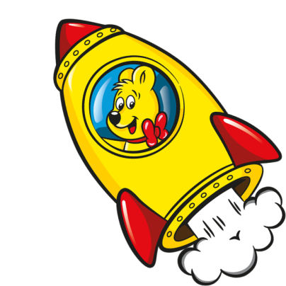 Нарисованное изображение упаковки Starmix: мишка HARIBO сидит в ракете