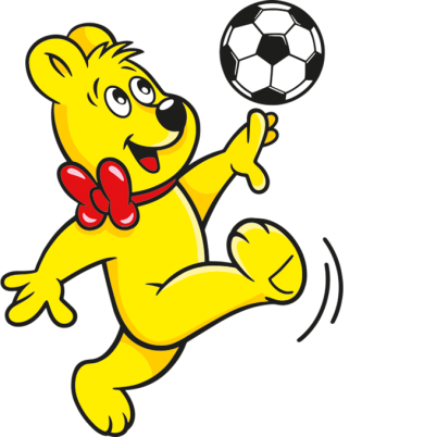 Ilustrácia vrecka Pico-Balla: Medvedík HARIBO hrá futbal